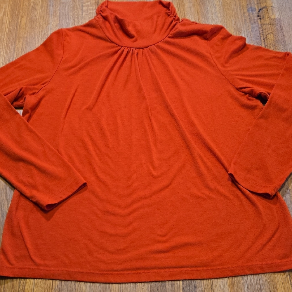 New Directions Women PXL Petite Rust Orange Long Sleeve Mock Pleated Neck Blouse